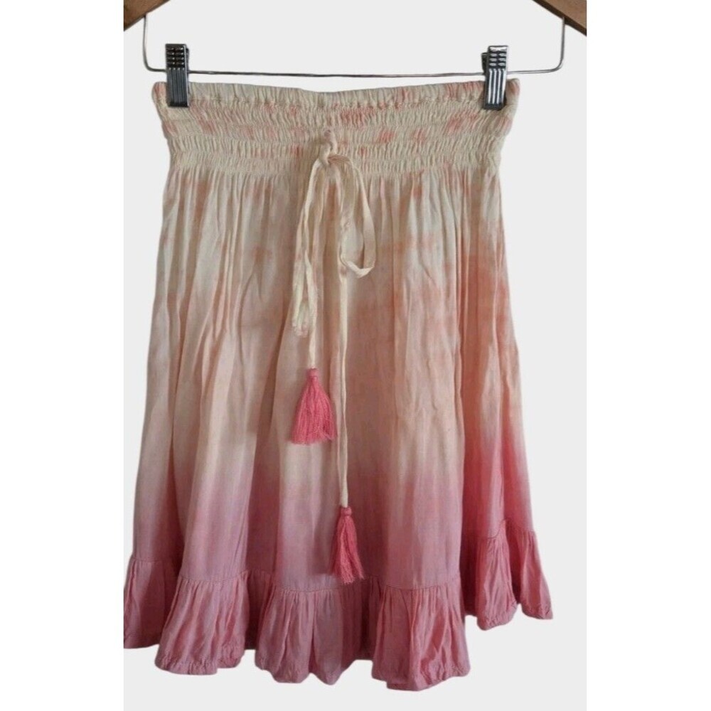 Tiare Hawaii Pink Tie Dye Ruffle Mini Skirt OS Tassel Drawstring Elastic Waist